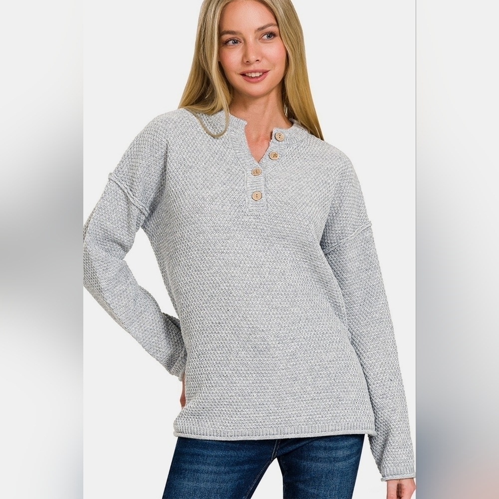 Zenana Waffle Knit Henley Hi Lo Pullover Drop Shoulder Sweater Large New